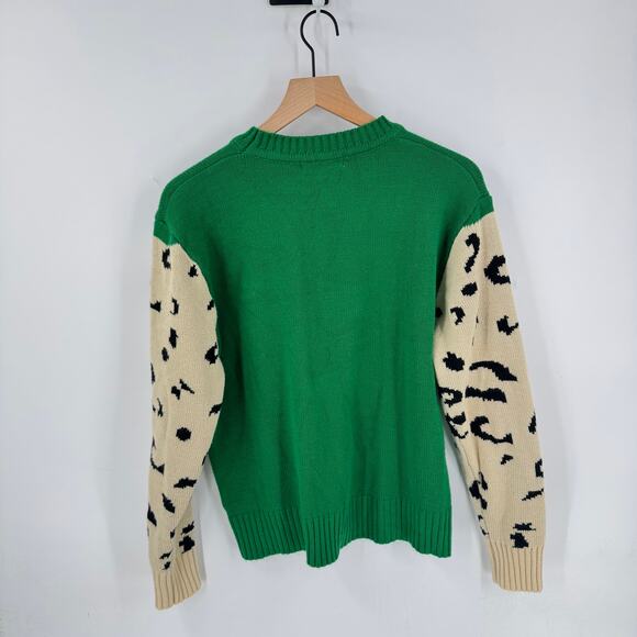 Leopard Sleeve Colorblock Knit Crewneck Sweater Green Cream Angashion Size L - Picture 3 of 8